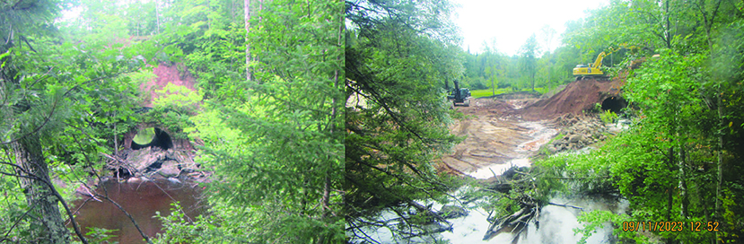 A two-part photo series. The photo on the left shows a deteriorating culvert overgrown with plants and with a creek blocked by debris. The photo on the right shows an open area with mostly bare soils in the middle, the remnants of a stream running from top to bottom, construction equipment in the middle, and trees on the edges.